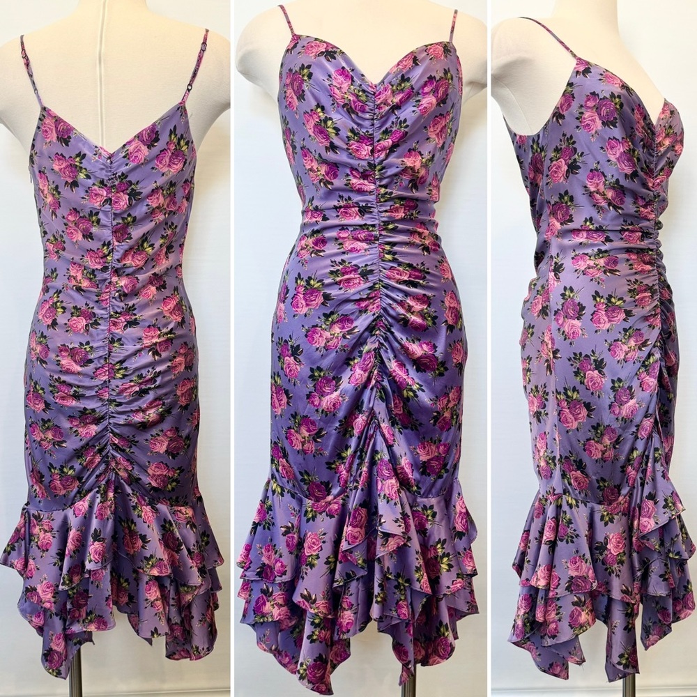 Betsey Johnson vintage 100% silk Purple Floral Midi Dress with Pink Roses